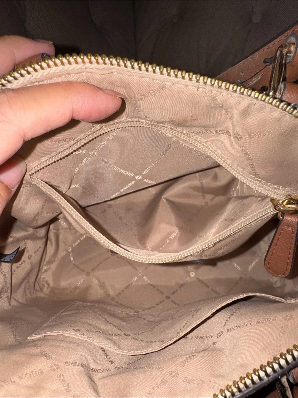 Michael Kors Brown & Beige Signature Dome Satchel with Gold Hardware